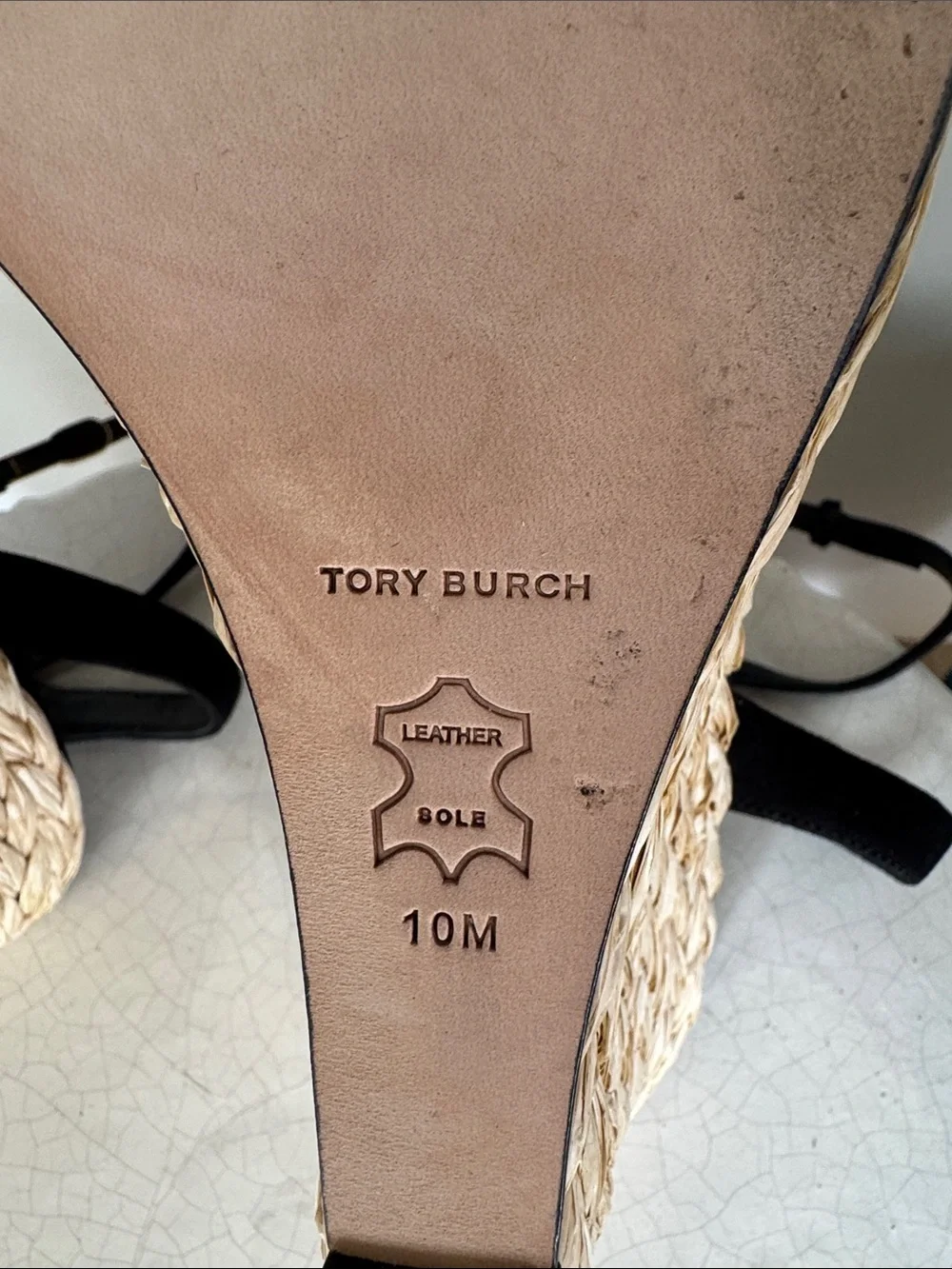 Tory Burch Black Leather Suede Espadrille Wedge Sandals Gold Accents Size 10 EUC